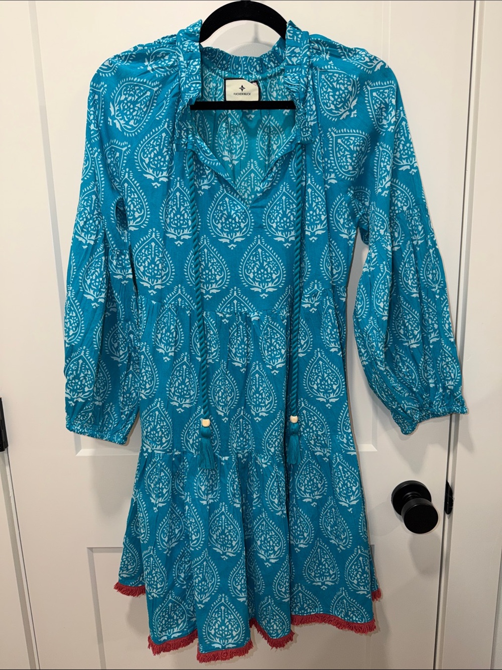 Tuckernuck Womens Cover Up Dress Caftan Tropical Teal Lantern Block Print